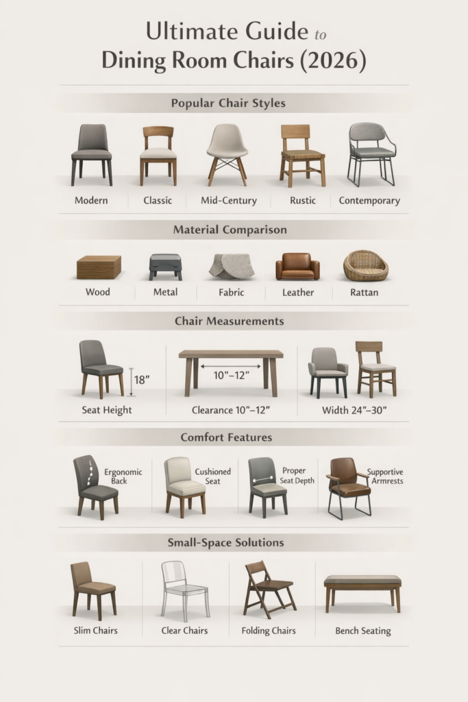 “2026 dining room chairs infographic showing chair styles, material comparisons, measurements, comfort features, and design tips for choosing the right dining chairs.”