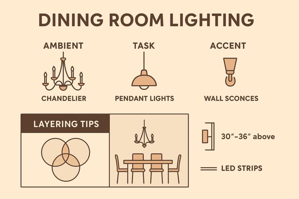 "Infographic showing a 2026 dining room chandelier guide with styles, sizing formulas, hanging height, brightness levels, and placement tips for modern interiors."