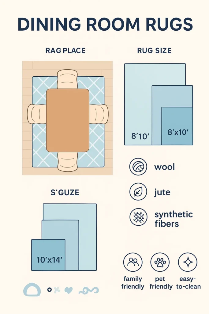 "Infographic showing dining room rug placement, size guide, and material tips for 2026. Includes top-down view of dining table with chairs, recommended rug sizes, and icons for family, pet, and easy-care rugs."