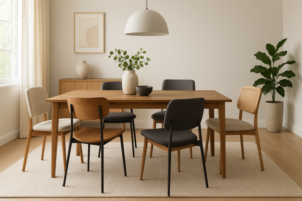 "Stylish dining room chairs set of 6 around a wooden table in a modern, elegant dining space with mixed materials and cozy lighting."