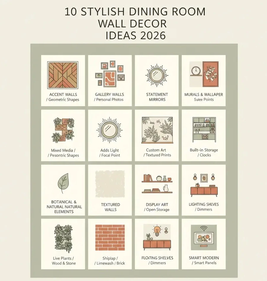 "Infographic displaying 10 stylish dining room wall decor ideas for 2026, including accent walls, gallery walls, statement mirrors, murals, functional shelves, lighting tips, and botanical elements."