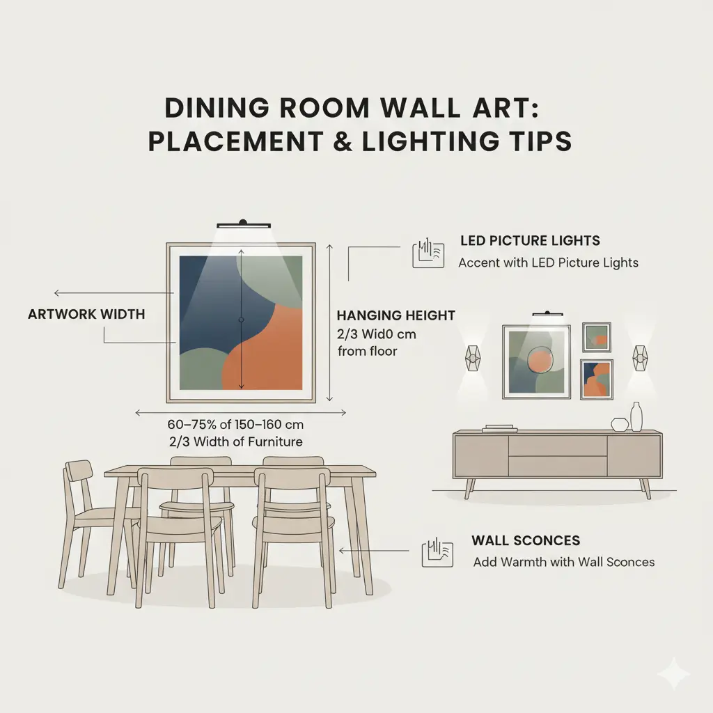 "Infographic showing dining room wall art arrangement and sizing tips, including proper artwork width, hanging height, and lighting counsel for a stylish dining space."