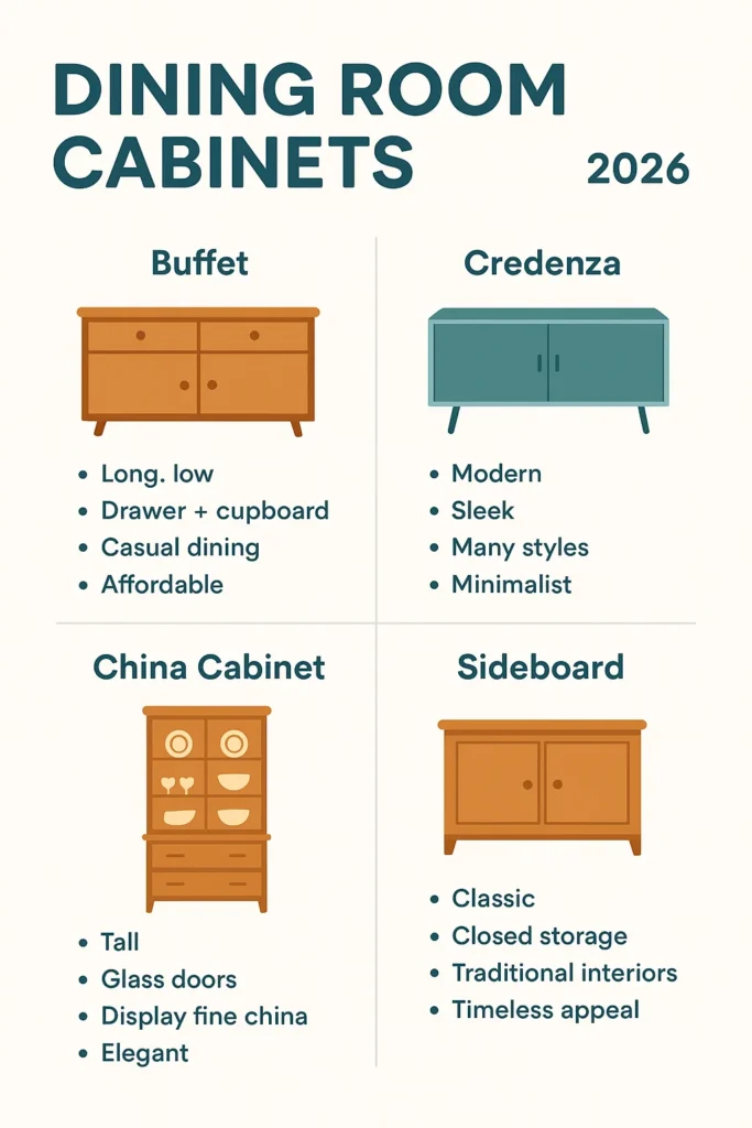 "Infographic of dining room cabinet types 2026: Buffet, Credenza, China Cabinet, and Sideboard with features, uses, and style tips."