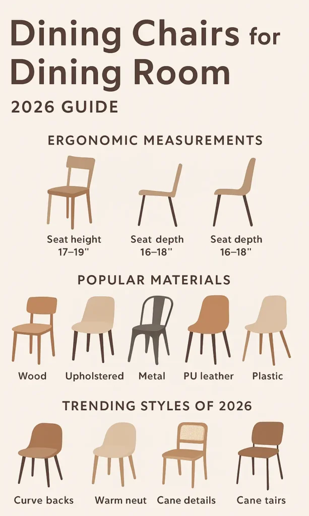 “2026 dining chairs for dining room infographic showing comfortable measurements, popular materials, shift  chair styles, and buying tips with modern icons and neutral interior design colors.”