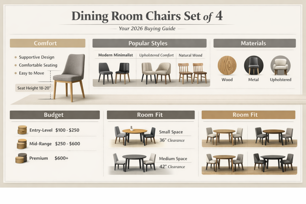 Infographic showing a dining room chairs set of 4 with styles including modern minimalist, upholstered comfort, and natural wood, highlighting seat height, materials, budget ranges, and space planning tips.