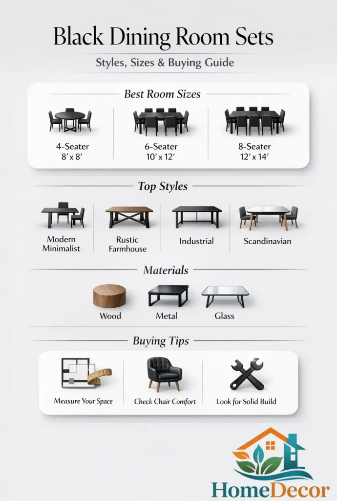 “2026 infographic reveals black dining room set kinds, sizes, materials, and master buying tips.”
