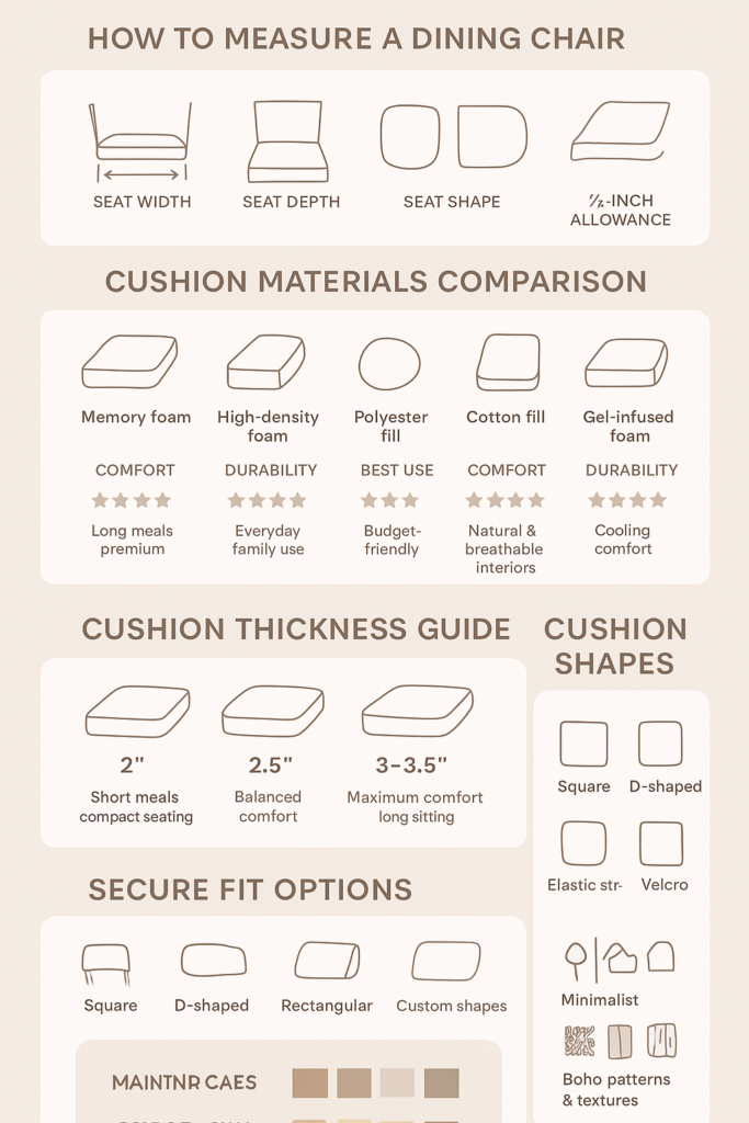 “Infographic showing the 2026 guide to dining room chair cushions, including measurement steps, cushion materials comparison, thickness chart, secure-fit options, cushion shapes, décor tips, and sustentation advice.”