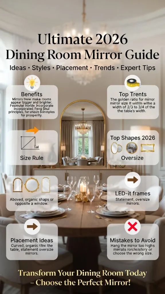 “Dining room mirror infographic showing 2026 mirror ideas, size guide, build, benefits, and position tips for brighter and more spacious dining rooms.”