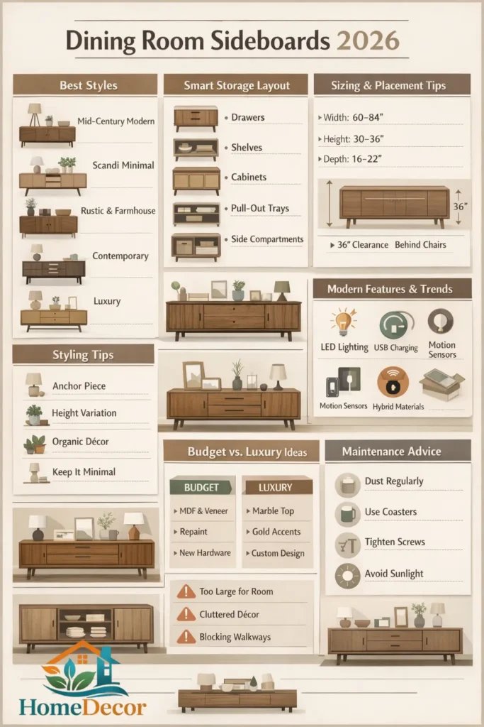 "2026 Dining Room Sideboard infographic showing styles, storage layout, sizing tips, styling ideas, modern features, style, and carrying on advice for a functional and stylish dining room."