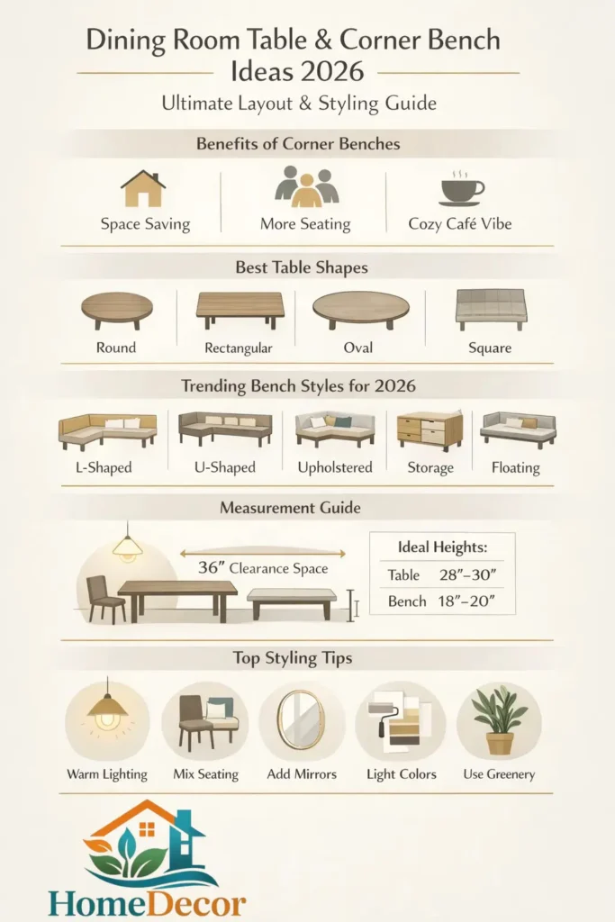 Infographic of 2026 corner bench dining room table ideas, including layouts, table designs, and bench designs.