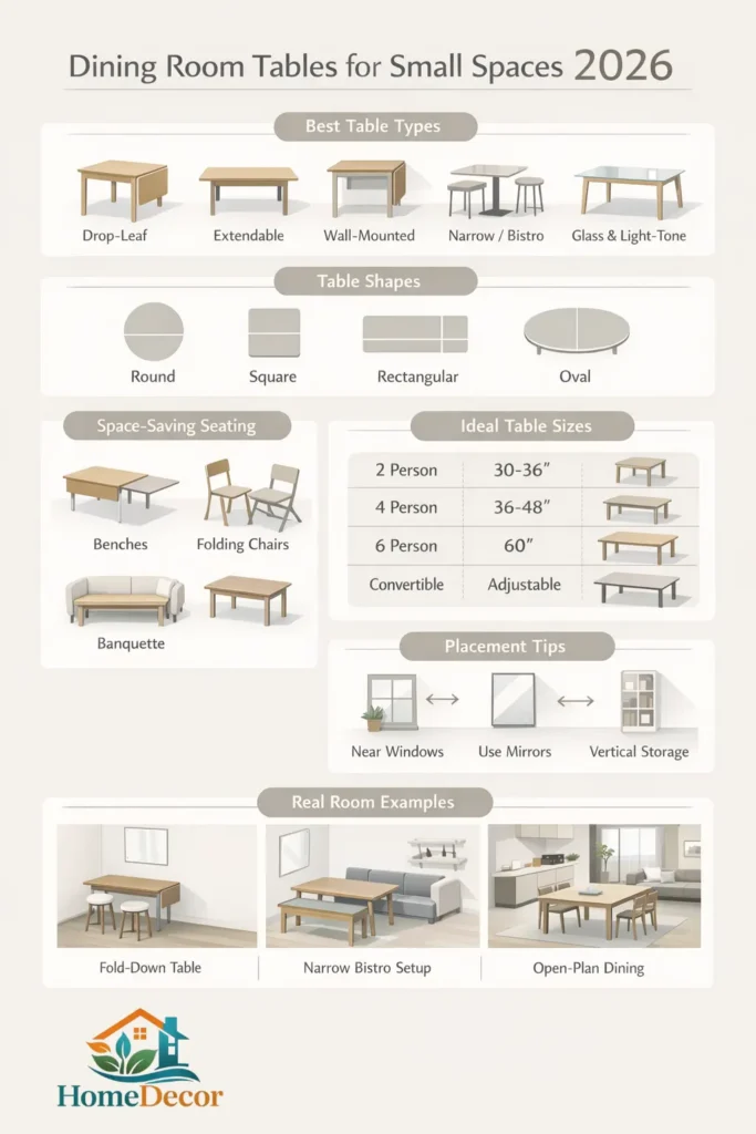 "Infographic showing compact dining room table ideas for small spaces in 2026, including table types, shapes, seating options, dimensions, and layout tips."