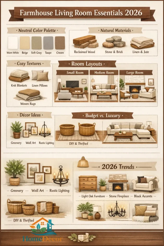 "Infographic showing key elements of a 2026 farmhouse living room, including color palette, natural materials, cozy textures, furniture layouts for small, medium, and large rooms, décor tips, and budget & luxury ideas."