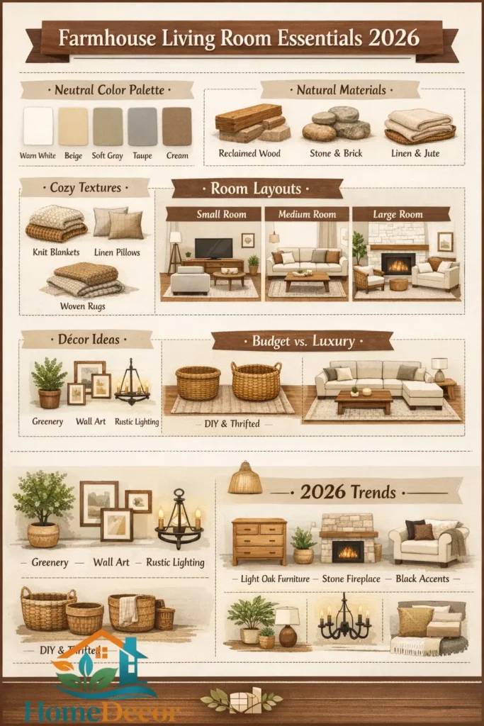 Infographic showing top 2026 living room curtain ideas, including styles, fabrics, colors, installation tips, and smart motorized options for modern, elegant, and functional interiors.