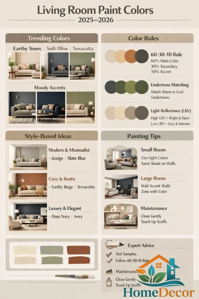 Infographic showing top living room paint color trends for 2026, designer rules, style-based color ideas, and expert painting tips for small and large rooms.