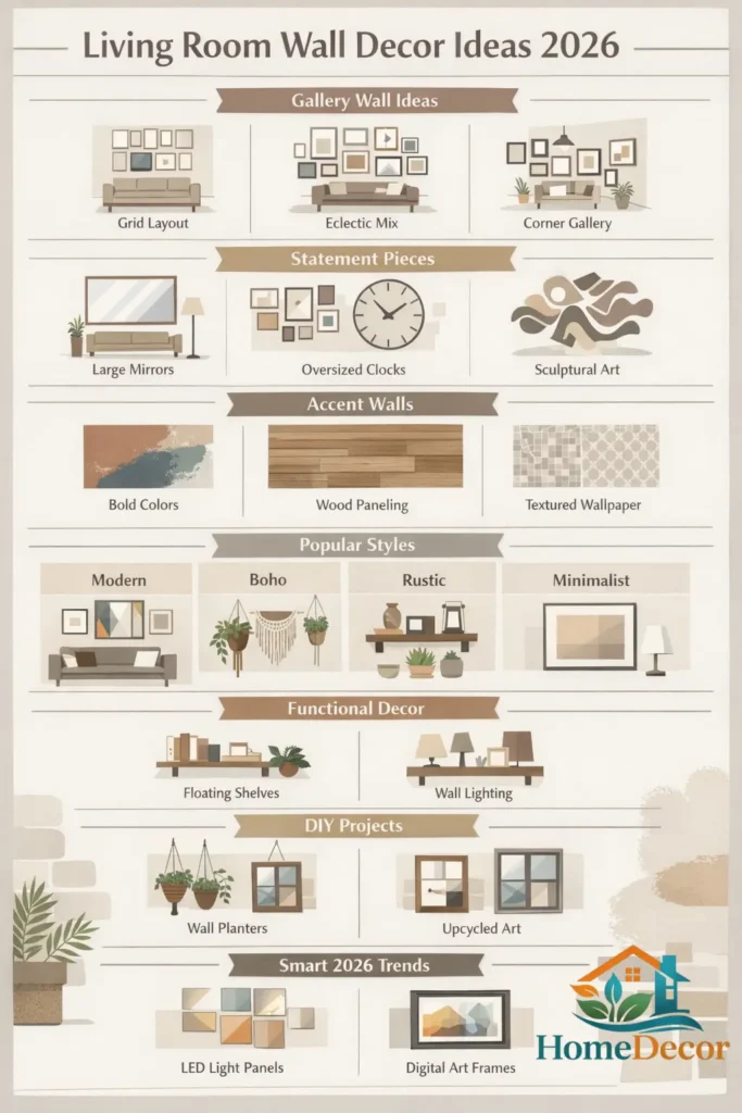"Infographic showing 2026 living room wall decor ideas including gallery walls, statement pieces, accent walls, modern and boho styles, functional decor, DIY projects, and smart wall trends."