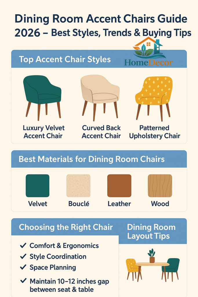 "Dining Room Accent Chairs Guide 2026 infographic showing top chair styles, best materials, ergonomic tips, and layout advice for modern and stylish dining spaces."