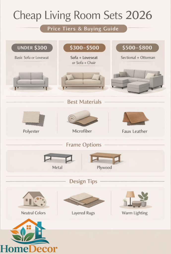 “Infographic showing cheap living room sets in 2026 with price tiers, material options, frame types, and budget-friendly furniture buying tips.”