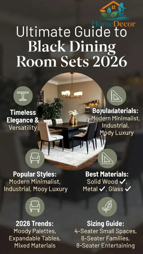 Infographic showing 2026 guide for black dining room chairs, including styles, materials, extent, expert styling tips, and continuity advice.