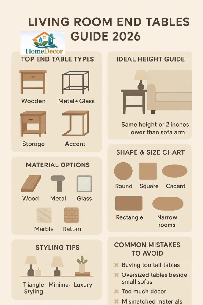 “2026 living room rug guide infographic showing best rug sizes, materials, position rules, and trending rug styles.”