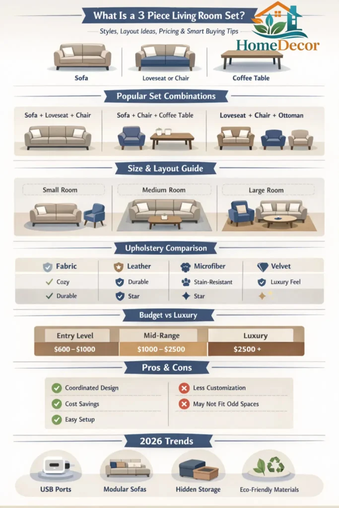 Infographic showing 3-piece living room set styles, layout ideas, size guide, pricing comparison, materials chart, and 2026 furniture trends for modern homes.