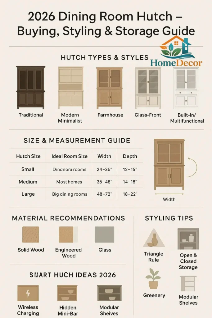Vertical infographic showing a 2026 dining room hutch guide: types, sizes, medium, budget tiers, décor styling tips, and smart furniture features.