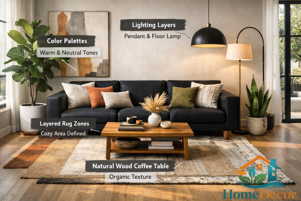 Black couch living room with layered rugs, accent pillows, statement lighting, natural wood coffee table, and foliage, styled in a modern, cozy, and photorealistic interior layout.
