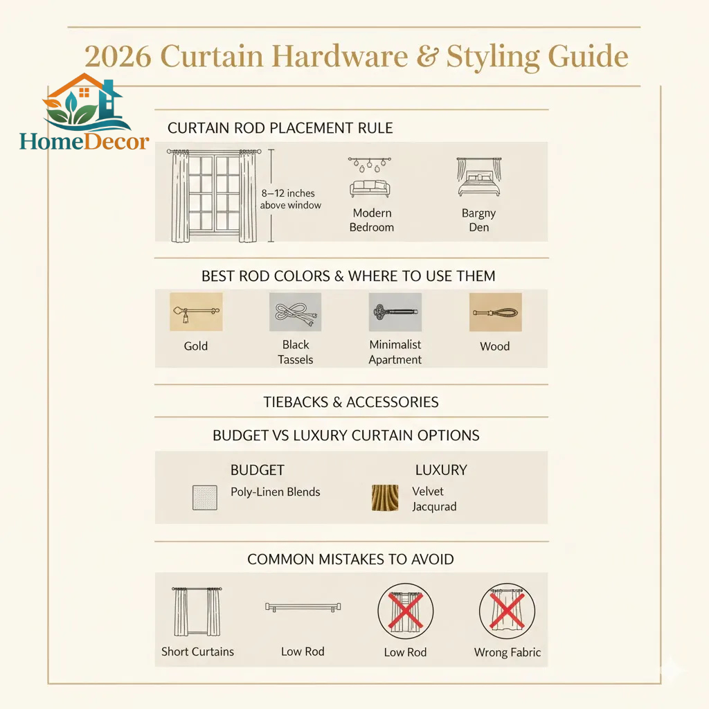 "Infographic showing 2026 curtain hardware and styling tips, plus rod placement, rod color selection, tiebacks, luxury curtain ideas, and common mistakes to avoid."