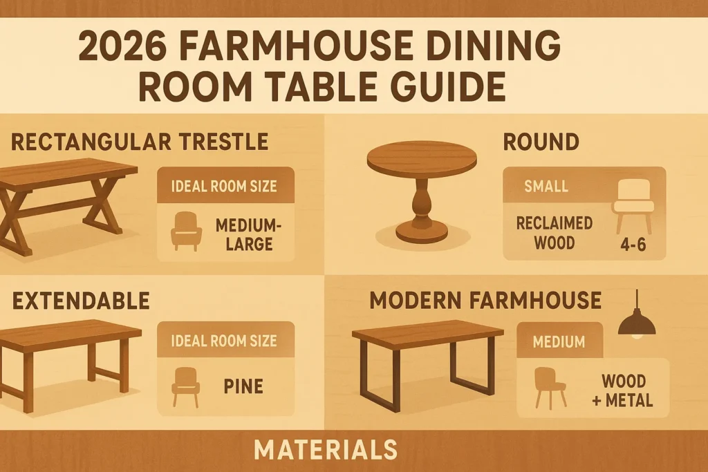 “Farmhouse dining room table guide 2026 infographic showing types, seating capacities, materials, and styling tips for modern and rustic homes.