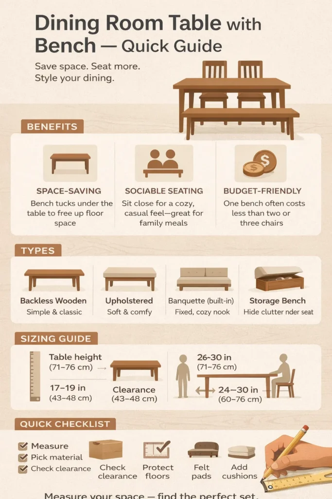 "Infographic: Dining room table with bench benefits, common bench types, sizing guide (bench 17–19 in, table 28–30 in, clearance 24–30 in), information tips, and a quick buying checklist."