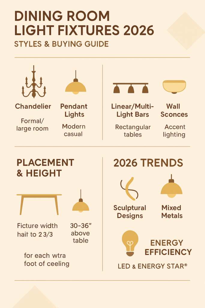 "Infographic showing 2026 dining room light fixtures, including candelabra, pendant lights, linear bars, flush mounts, wall sconces, placing  rules, trends, and energy-efficient lighting tips."