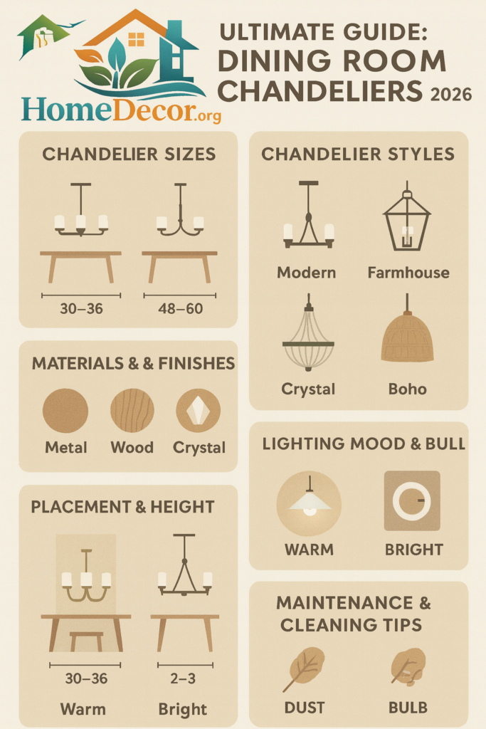 "Vertical infographic showing the 2026 final guide to dining room chandeliers, including chandelier sizes, styles, materials, lighting tips, placement, and maintenance, in a warm neutral modern design."