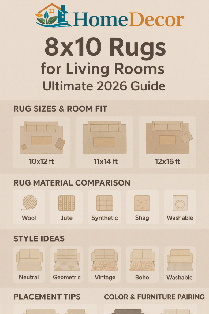 Infographic showing 8x10 living room rug guide 2026: ideal rug sizes, materials, styles, position tips, and color-furniture pairing for modern, boho, and vintage interiors.