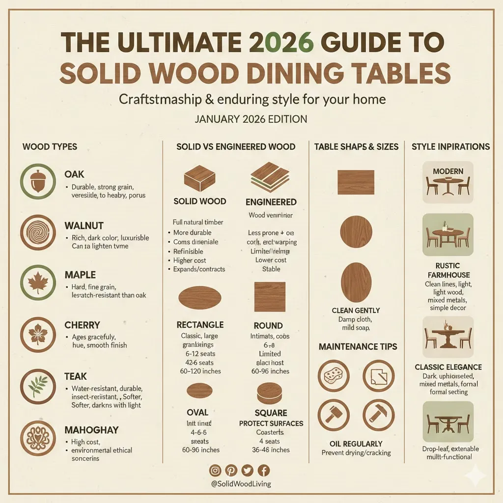 "Infographic guide to solid wood dining tables 2026 showing wood types, pros and cons, solid vs engineered wood comparison, table shapes, maintenance tips, and style ideas."