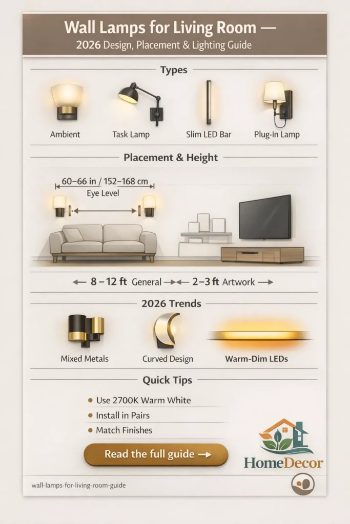 Infographic showing wall lamp types, ideal placement (60–66 in), spacing tips and 2026 trends for wall lamps in living rooms.