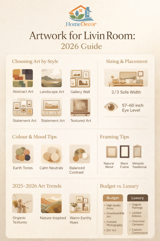 “Infographic showing artwork for living room tips for 2026, including styles, sizing rules, colour strategy, art trends, framing ideas, and buying tips.”