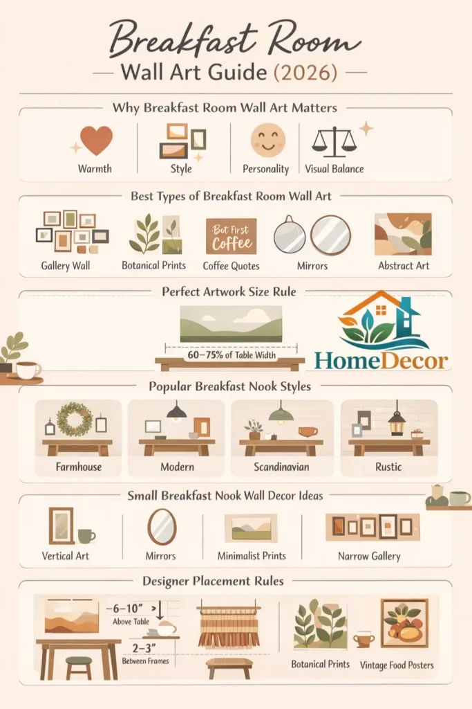 Breakfast room wall art infographic showing decor ideas, wall art size rules, gallery wall layouts, breakfast nook styles, and 2026 wall decor trends for kitchens.