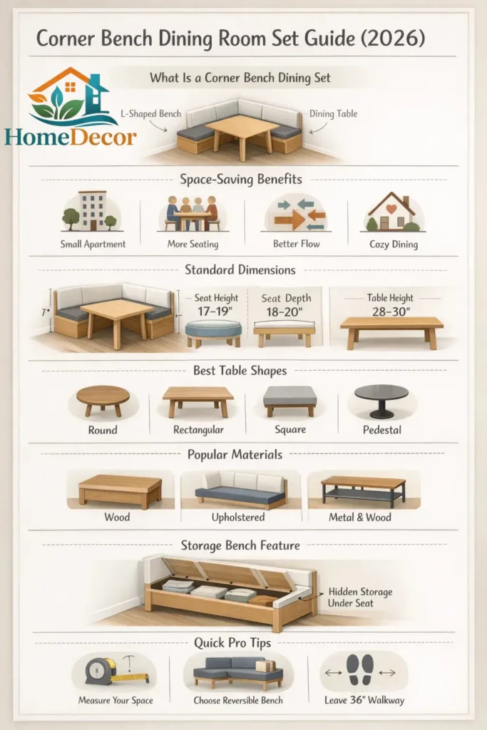 Corner bench dining room set infographic showing space-saving layout, dimensions, table shapes, and storage bench features for modern dining rooms.