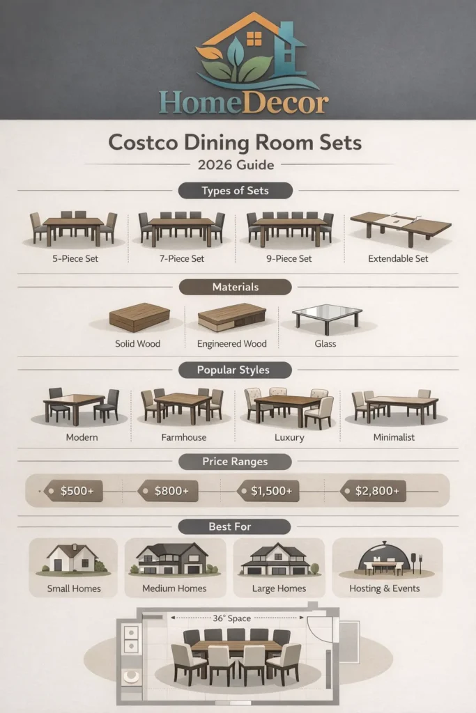 “Infographic showing 2026 Costco dining room sets with types, materials, styles, price ranges, and best-fit room recommendations.”
