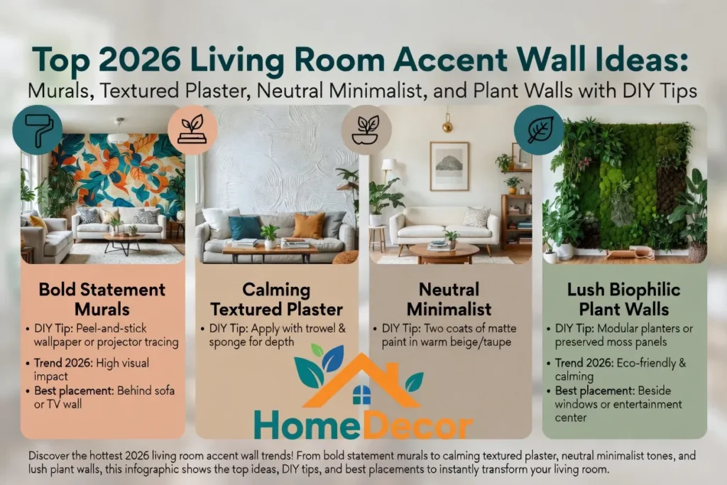 Infographic showcasing 2026 living room accent wall ideas, including murals, textured plaster, neutral walls, and biophilic plant walls with DIY tips and trend comparisons.