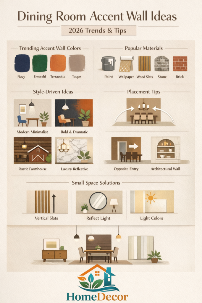 "Infographic showing 2026 dining room accent wall ideas with colors, materials, styles, and placement tips for modern interiors."