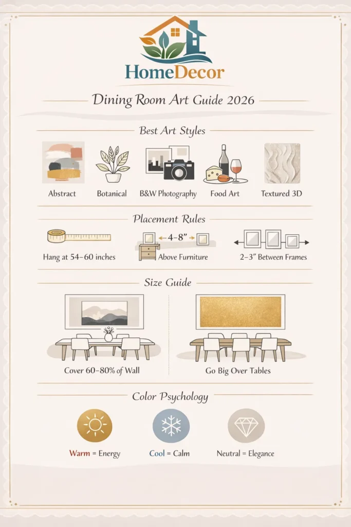 
 “2026 dining room art guide infographic showing best art styles, placement rules, size tips, and color psychology for modern dining spaces.”