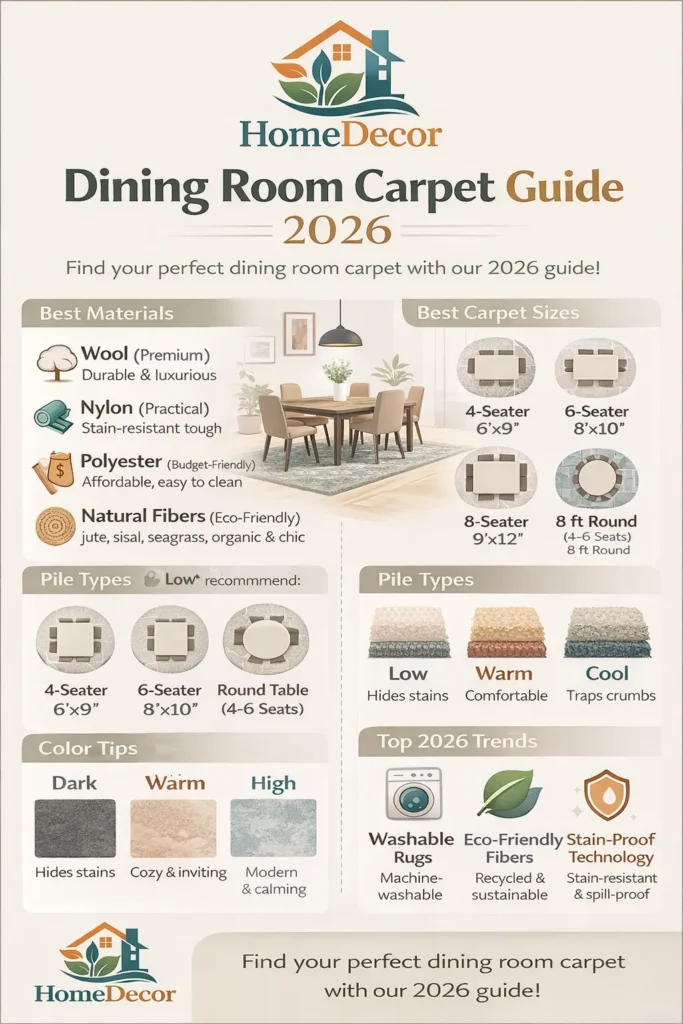 Infographic showing 2026 dining room carpet guide with material tips, best rug sizes, pile types, color ideas, and modern carpet trends.
