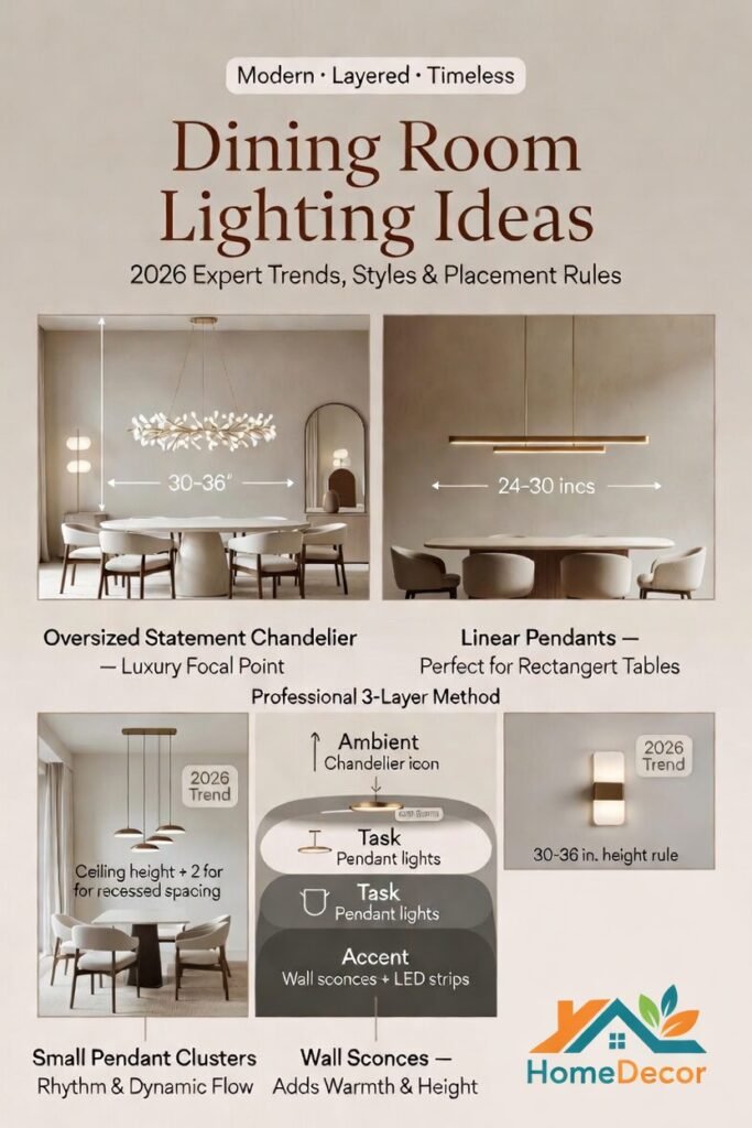 Infographic showing 2026 dining room lighting guide with chandeliers, linear pendants, LED strips, wall sconces, and layered lighting setup, including placement and height guidelines.