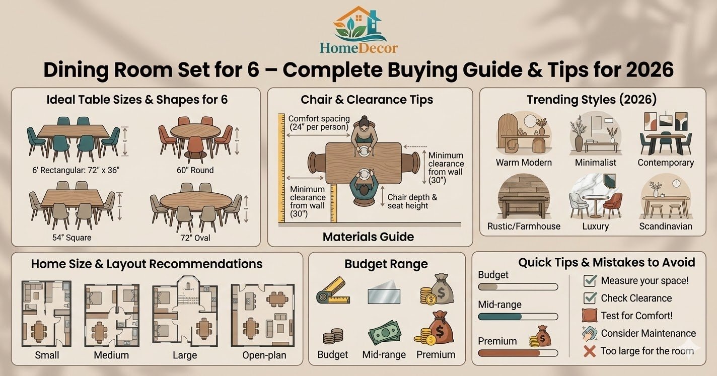 "Infographic showing the ultimate 2026 guide to choosing a dining room set for 6, including table shapes, ideal dimensions, chair spacing, materials, trending styles, home layouts, budgets, and expert tips."