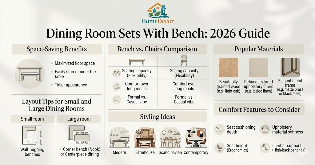“Modern infographic explaining dining room sets with benches, including benefits, layout tips, bench vs chair comparison, and style ideas for 2026 dining spaces.”