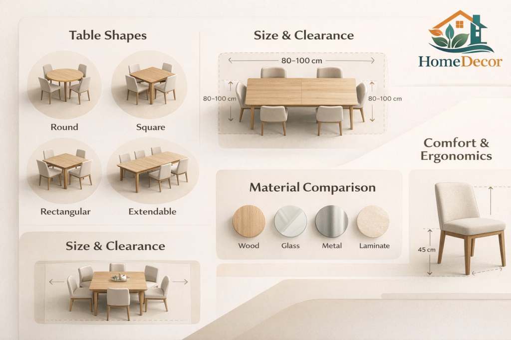 “Modern infographic showing dining room table and 4 chair set shapes, size guidelines, materials, and comfort features in a clean contemporary design.”