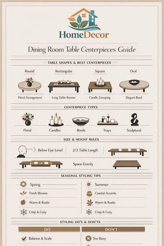 “Modern infographic showing dining room table centerpiece ideas, table-shape styling rules, centerpiece types, and seasonal décor tips in a clean neutral design.”
