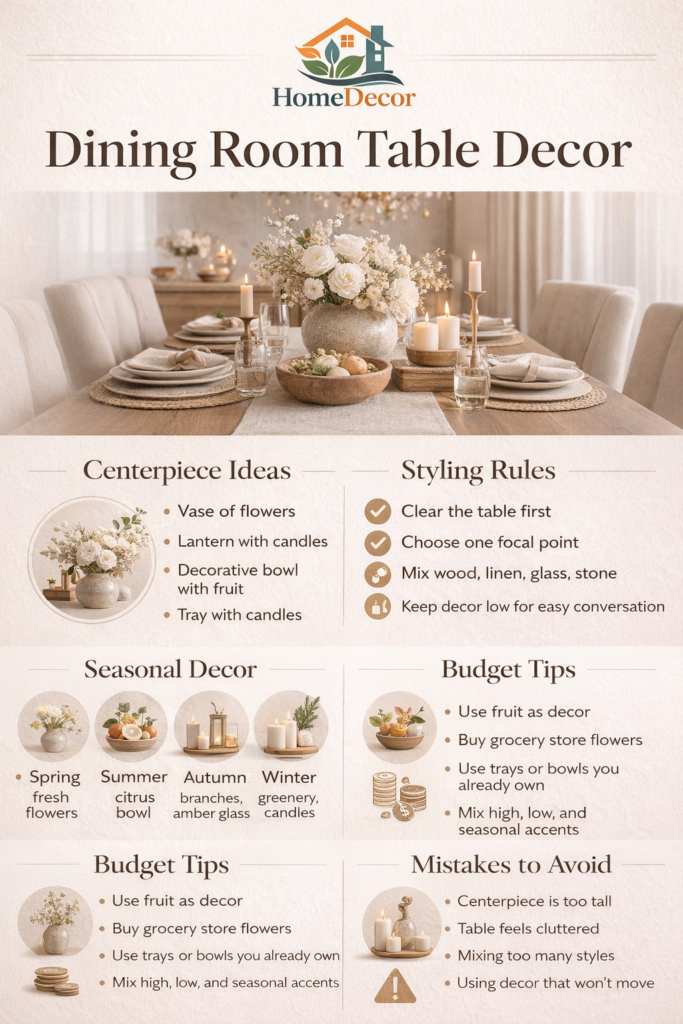 Infographic showing dining room table decor ideas with centerpiece tips, styling rules, seasonal accents, and elegant table arrangement inspiration.