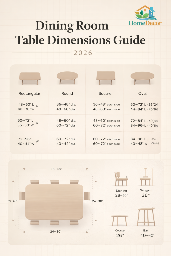 “Infographic showing standard dining room table dimensions with size charts for rectangular, round, square, and oval tables, plus seating capacity and clearance guidelines.”