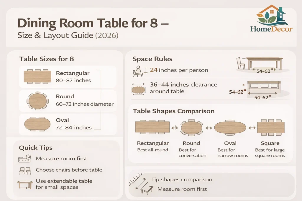 Dining room table for 8 size guide showing rectangular, round, and oval table dimensions with spacing and clearance layout rules